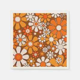 Retro Tuin Bloemen 60s 70s Patroon Bruin & Sinaasa Servet