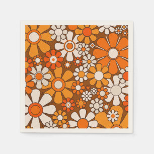 Retro Tuin Bloemen 60s 70s Patroon Bruin & Sinaasa Servet