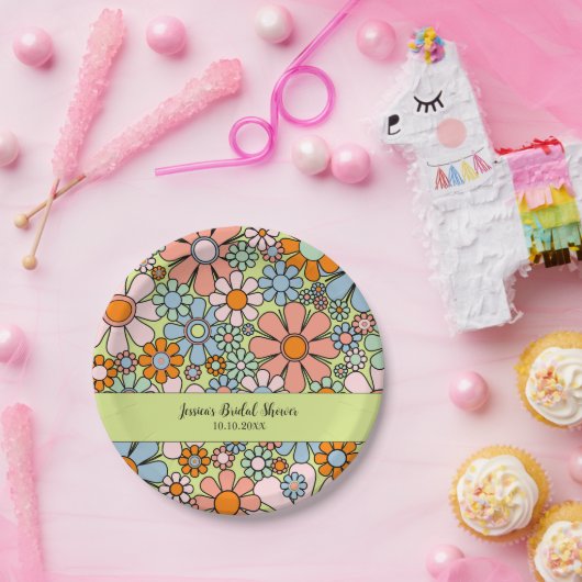 Retro Tuin Bloemen Groovy 60s 70s gepersonaliseerd Papieren Bordje (Feest)