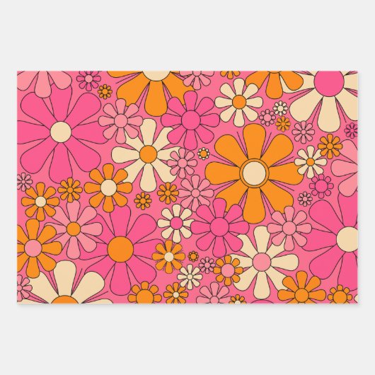 Retro Tuin Bloemen Groovy 60s 70s Roze Bloemen Inpakpapier Vel (Voorkant 2)