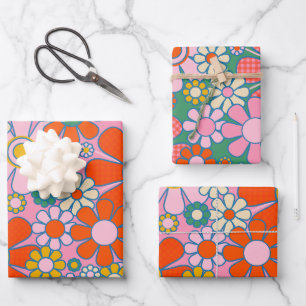 Retro Tuin Bloemen Kleurrijke Roze 60s  Inpakpapier Vel