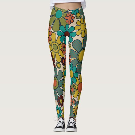 Retro Tuin Gingham Bloemen 70s Bloemen Bloemen Pat Leggings (Voorkant)