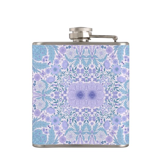 Retro tuinbloemen in blauw en violet heupfles (Achterkant)