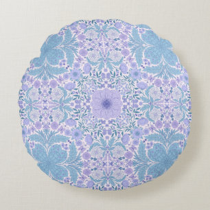 Retro tuinbloemen in blauw en violet rond kussen