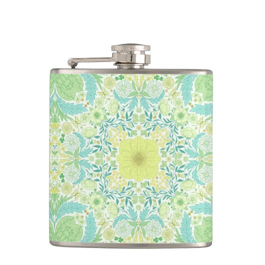 Retro tuinbloemen in groen en geel heupfles (Voorkant)