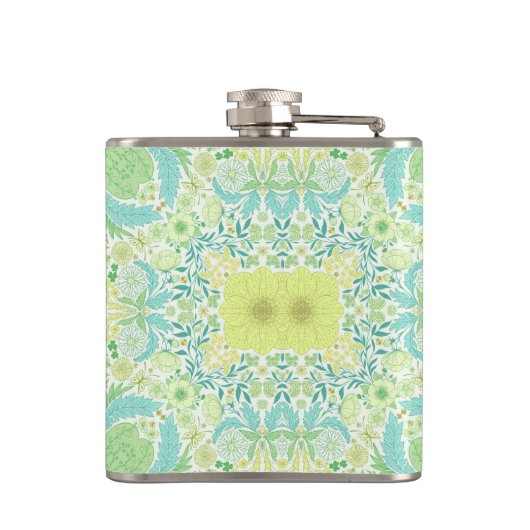 Retro tuinbloemen in groen en geel heupfles (Achterkant)