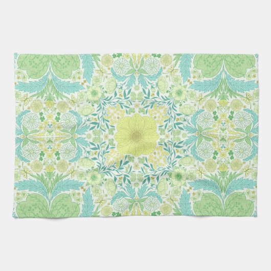 Retro tuinbloemen in groen en geel theedoek (Horizontaal)