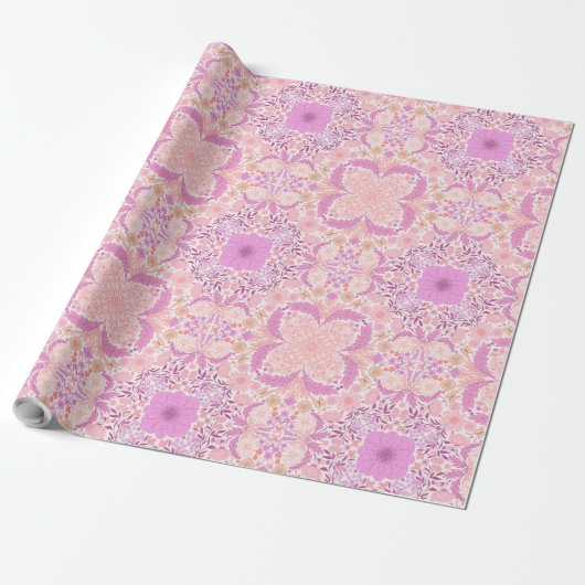 Retro tuinbloemen in roze cadeaupapier (Uitgerold)