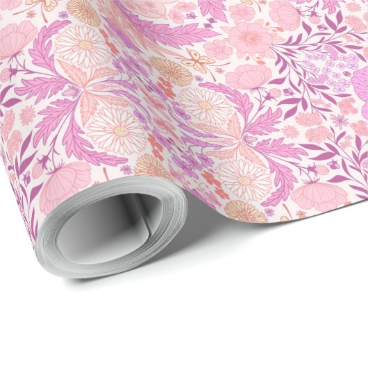 Retro tuinbloemen in roze cadeaupapier (Rol Hoek)