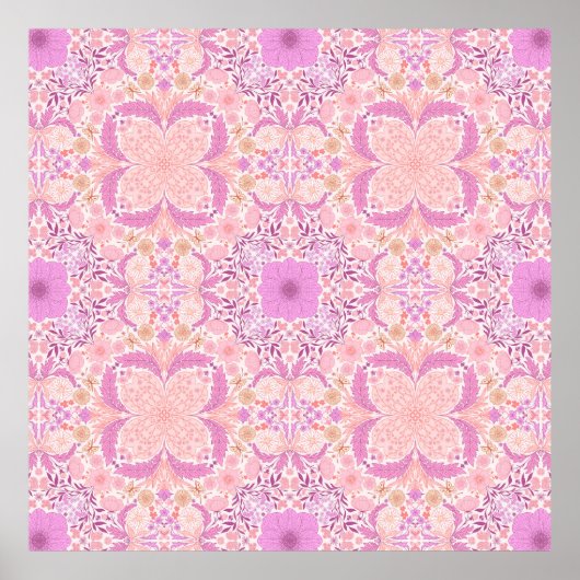 Retro tuinbloemen in roze poster (Voorkant)