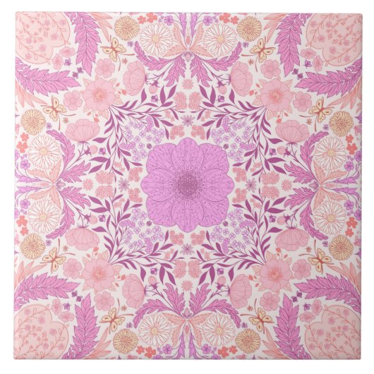 Retro tuinbloemen in roze tegeltje (Voorkant)