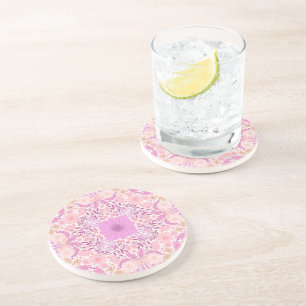 Retro tuinbloemen in roze zandsteen onderzetter