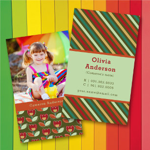 Retro Tulip Blooms en Stripes Patroon Foto mama Contactkaartje