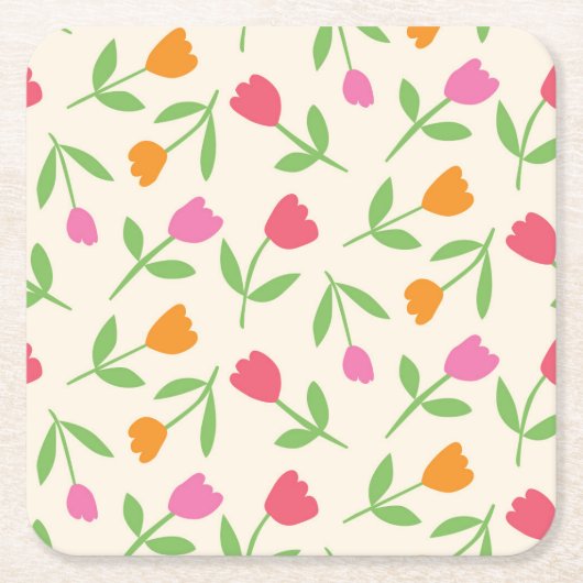 Retro Tulip Flowers pattern in orange pink and red Kartonnen Onderzetters (Voorkant)