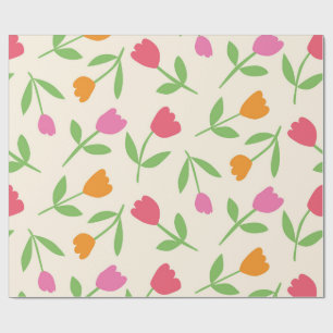 Retro tulp bloemenpatroon in oranje roze en rood cadeaupapier