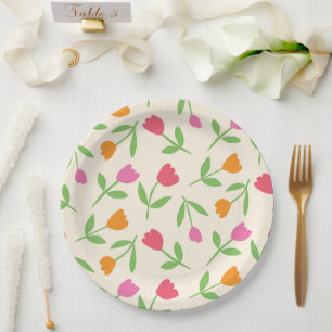 Retro tulp bloemenpatroon in oranje roze en rood papieren bordje