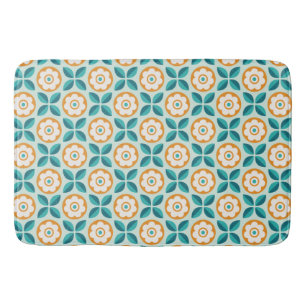 Retro Turkoois Aqua Oranje Bloem Motief Geometrisc Badmat