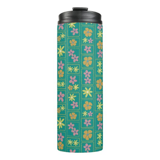 Retro Turkoois Patchwork Bloemmotief Thermosbeker (Voorkant)