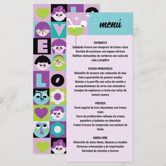 Retro Turquesa y Morado Estampado Geométrico Boda Menu (Voorkant / Achterkant)
