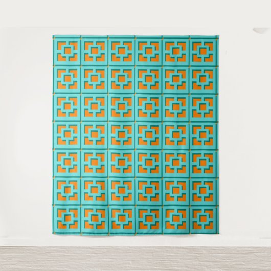 Retro Turquoise and Orange Trellis Tapestry Wandkleed (Voorkant)