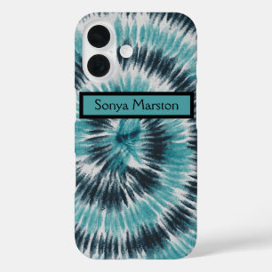 Retro Turquoise Blauw en Zwarte Tie Dye Spiraal iPhone 16 Hoesje