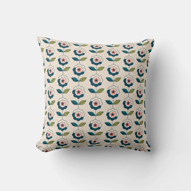 Retro Turquoise Bloempatroon Kussen (Voorkant)