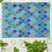 Retro Turquoise Blue Blauwgroen grijs schaalpatroo Theedoek (Gevouwen)