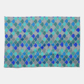 Retro Turquoise Blue Blauwgroen grijs schaalpatroo Theedoek (Horizontaal)