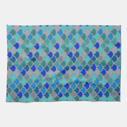 Retro Turquoise Blue Blauwgroen grijs schaalpatroo Theedoek (Horizontaal)