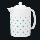 Retro Turquoise Blue Starburst Patroon Midden-eeuw Theepot<br><div class="desc">Voeg een pop plezier en kleur toe aan uw keukenblad met deze funky turquoise blauwe atomaire starburst patroontheepot.</div>