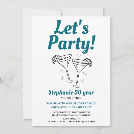Retro Turquoise Cocktail Vrouw 50e Verjaardagsfees Kaart (Voorkant)