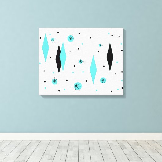 Retro Turquoise Diamanten & Starburst Canvas Print (Insitu (Houten vloer))