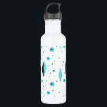Retro Turquoise Diamanten & Starbursts Waterfles Waterfles<br><div class="desc">Deze Retro Turquoise Diamonds and Starbursts Water Bottle is een nieuwe kijk op een stijl. Het heeft kitscherige, zwarte steruitbarstingen op turquoise stippen, omringende geometrische, turquoise en zwarte diamantvormen. Pas de achtergrondkleur aan op dit moderne product uit het midden van de eeuw als je durft, of laat het wit als...</div>