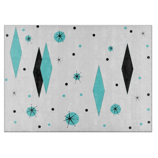 Retro Turquoise Diamond & Starburst Cutting Board Snijplank (Voorkant)