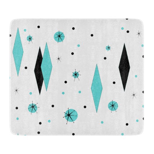 Retro Turquoise Diamond & Starburst Cutting Board Snijplank (Voorkant)