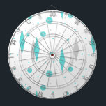 Retro Turquoise Diamond & Starburst Dart Board Dartbord<br><div class="desc">Dit Retro Turquoise Diamonds en Starbursts Dartboard (grote afdruk) patroon is een nieuwe stijl. Het bevat kitschy, grijze starbursts op turquoise polka stippen, die geometrische, turquoise- en grijze diamantvormen omgeven. Pas de achtergrondkleur aan op dit moderne product uit het midden van de eeuw als je het gevoel hebt dat je...</div>