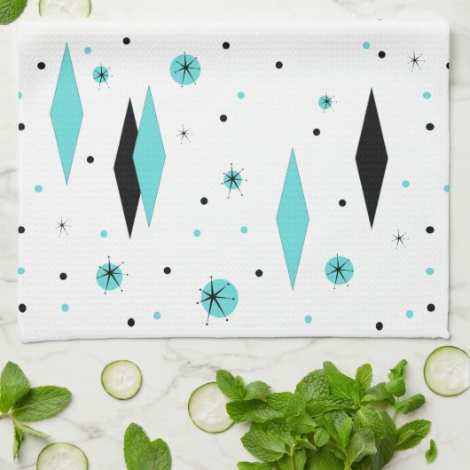 Retro Turquoise Diamond & Starburst Kitchen Towel Theedoek (Gevouwen)