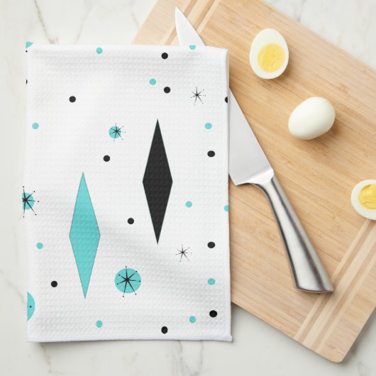 Retro Turquoise Diamond & Starburst Kitchen Towel Theedoek (Quarter Fold)
