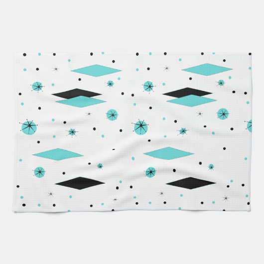 Retro Turquoise Diamond & Starburst Kitchen Towel Theedoek (Horizontaal)