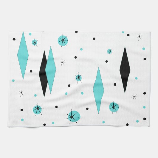 Retro Turquoise Diamond & Starburst Kitchen Towel Theedoek (Horizontaal)