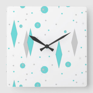 Retro Turquoise Diamond & Starburst Wall Clock Vierkante Klok