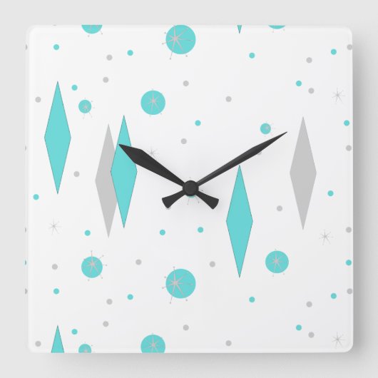 Retro Turquoise Diamond & Starburst Wall Clock Vierkante Klok (Voorkant)