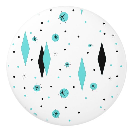 Retro Turquoise Diamonds & Starbursts Ceramic Pull Keramische Knop (Voorkant)