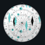 Retro Turquoise Diamonds & Starbursts Dart Board Dartbord<br><div class="desc">Deze Retro Turquoise Diamonds en Starbursts Dart Board zijn een nieuwe stap op een manier. Het bevat kitschy, zwarte zetbursts op turquoise polka-stippen, die geometrische, turquoise- en zwarte diamantvormen omgeven. Pas de achtergrondkleur aan op dit moderne product uit het midden van de eeuw als je het gevoel hebt dat je...</div>