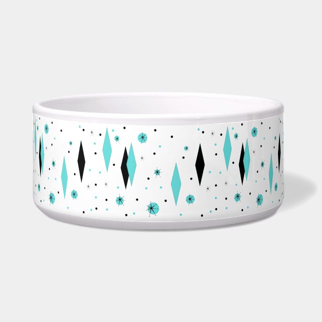 Retro Turquoise Diamonds & Starbursts Pet Bowl Voerbakje (Voorkant)