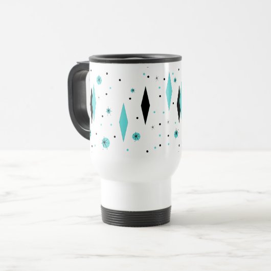 Retro Turquoise Diamonds & Starbursts Travel Mug Reisbeker (Voorkant links)