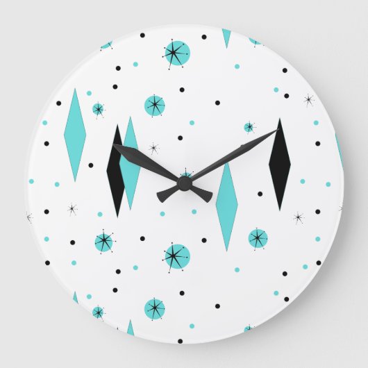 Retro Turquoise Diamonds & Starbursts Wall Clock Grote Klok (Voorkant)
