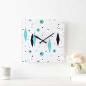 Retro Turquoise Diamonds & Starbursts Wall Clock Vierkante Klok (Huis)