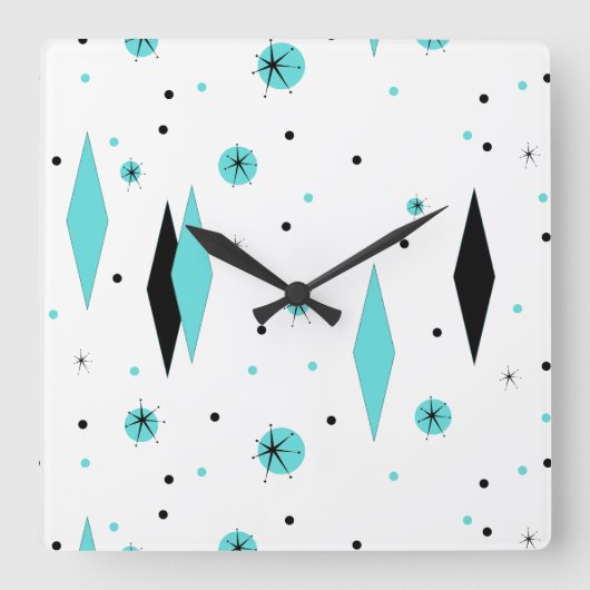 Retro Turquoise Diamonds & Starbursts Wall Clock Vierkante Klok (Voorkant)
