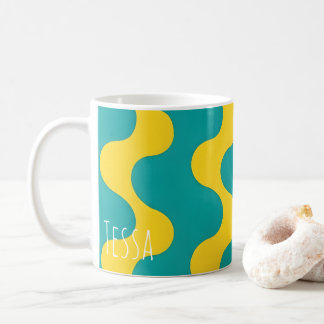 Retro Turquoise en Gele Abstracte Golflijn Kunst Koffiemok